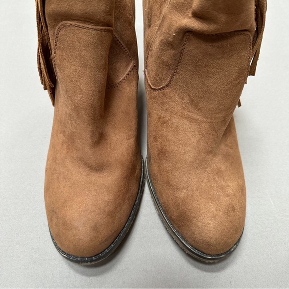 MIA Lissa chestnut brown fringe zipper heeled booties ankle boots, women’s 8.5 - Picture 3 of 10